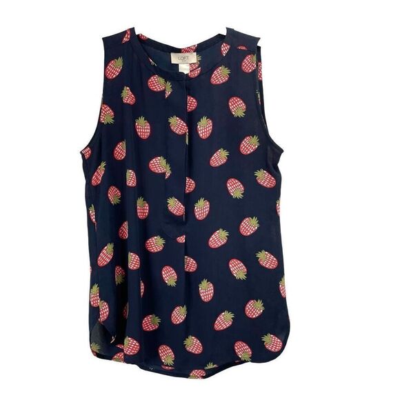 Loft strawberry print sleeveless top blouse Size XS navy blue red‎ - Picture 1 of 5